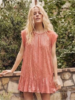 NWT Free People Mint Julep Sequin Mini Dress XS Coral Holiday Party NYE Glam